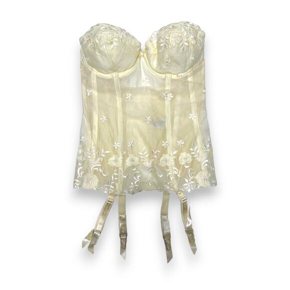 Vintage Felina Lingerie Ivory Embroidered Lace Bustier 32C Corset w/ Garters - Picture 1 of 10